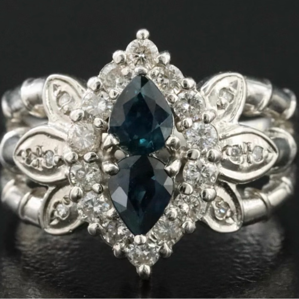 Blue Sapphire and Diamond Floral Halo Platinum ring